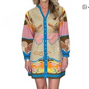 Multicolor Printed Mini Dress with Blue Trim